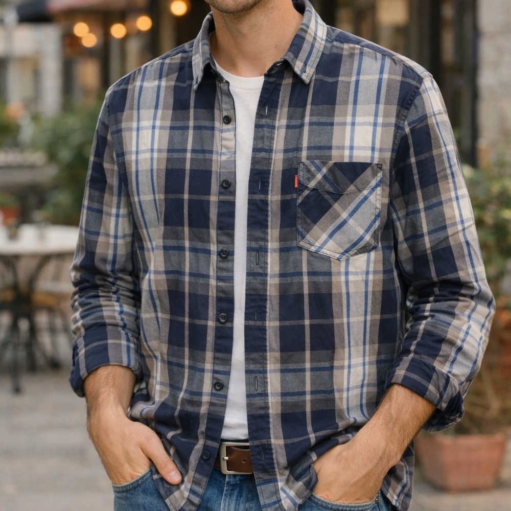 Levis Mens Plaid Button Down Shirt Navy Blue Grey Long Sleeve Size L Pocket